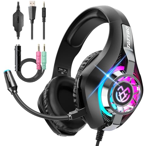 Tatybo Gaming Headset for PC, Ps5, Ps4, Switch, Mobile, Xbox Headset with Deep Bass Stereo Sound, Over Ear Gaming Headphones with Noise Canceling Mic, RGB, Black - color: BLACK