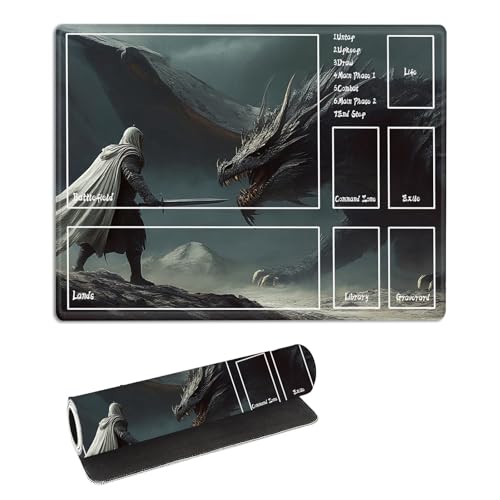 for MTG Playmat with Zones Storage Bag, for TCG Playmat and Playing Card Mat for Magic Board Games, Non-Slip Desk Mat, Stitched Edges Game Mat, Rollable Fierce Dragon Card Play mat - color: Fierce Dragon, size: With Zone 17.32''x13.78''