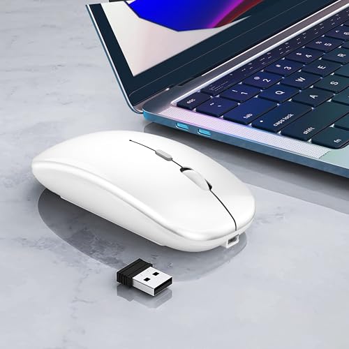WREANU Wireless Bluetooth Mouse Rechargeable Laptop Mice Silent Slim Use(BT5.2 and 2.4G Portable USB Receiver) Dual Mode Computer Mouse for Laptop/iPad/Tablet/Apple/Computer/Mac(Bright White) - color: Bright White