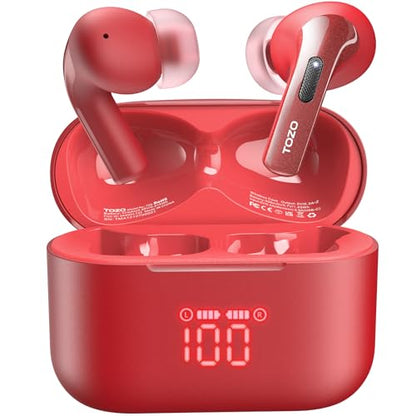 TOZO T20 Wireless Earbuds 97H Playtime, Wireless Charging LED Display Case | 10mm Deep Bass Sound, Dual Mic ENC Clear Calls, IPX8 Waterproof, Bluetooth 5.3, Comfortable Fit Ear Buds For Work, Dark Red - color: Dark Red