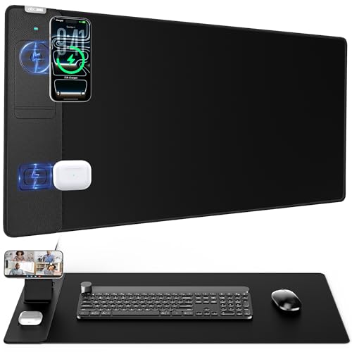 Wireless Charging Mouse Pad with Magnetic Phone Stand, 31.5"x15.8" Large | Waterproof Mousepad Desk Mat, Smooth Glide, Stitched Edge, Non-Slip Rubber Base, Computer Keyboard Mat, No Adapter - color: Black-Mag Stand