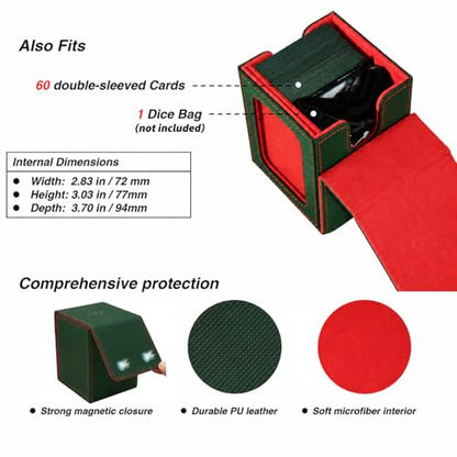 MTG Deck Box with Commander Display Window (Green&Red, 1 window) | Holds 120 Single/100 Double-Sleeved Cards, Fit MTG/PTCG/OPTCG Cards, Strong Magnet, PU Leather, With 2 Dividers & 1 Toploader - color: Green and Red
