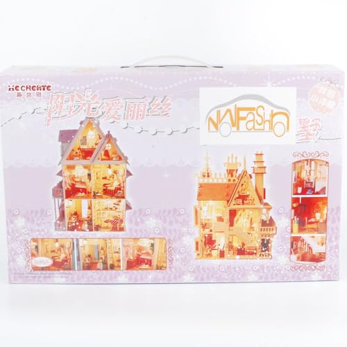 NWFashion Children's 17" 2 Floors with Furnitures Lights DIY Kits Assemble Miniature Wooden Dollhouse(Sunshine Alice) - color: Sunshine Alice