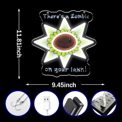There's a Zombie on Your Lawn Neon Sign, Cute Sunflower LED Light Up Sign for Wall Decor, Cartoon Flower Game Fan Gifts for Kids Friends, Funny Night Light for Bedroom Game Room Display