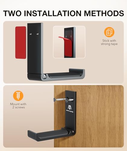 Foldable Aluminum Headphone Stand & Headset Holder Mount, Under Desk Wall Hook with No-Scratch Silicone Pad, Strong Adhesive Gaming Headset Hanger for PC, Home & Office