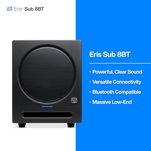 PreSonus Eris Sub 8BT — 8" Inch Powered Subwoofer, Powered Sub, Active Subwoofer, Wireless, Bluetooth, Home Audio, Bass Speaker, Home Theater, Music Production, Gaming | 8 Woven Glass-Fiber Driver, 100W Class-Ab Amp, Low-Pass 50-130 Hz, High-Pass 80 Hz -