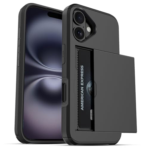 Jiunai for iPhone 16 Case Wallet Holds 2 Cards Slide Card Pocket Black | Pocket for IDs Credit Access Cards License, Shockproof Protective Phone Cover for iPhone 16 6.1" Women Men Teen School Work - color: Black, size: for iPhone 16 6.1''
