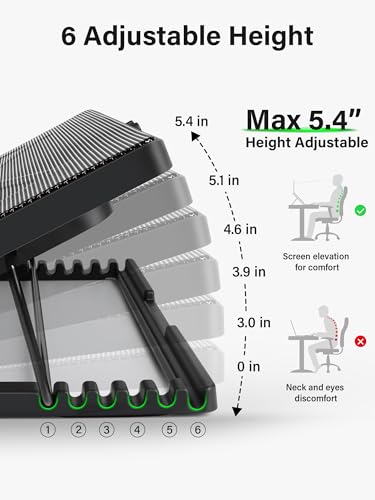 Kootek Laptop Cooling Pad Cooler Stand with 5 Quiet Fans for 12"-17" Laptop | 5 Fans, USB Powered, Laptop Cooling Stand with 2 USB Hub, 6 Adjustable Height, 360° Cooling Coverage, Anti-Slip, Green LED - color: Green