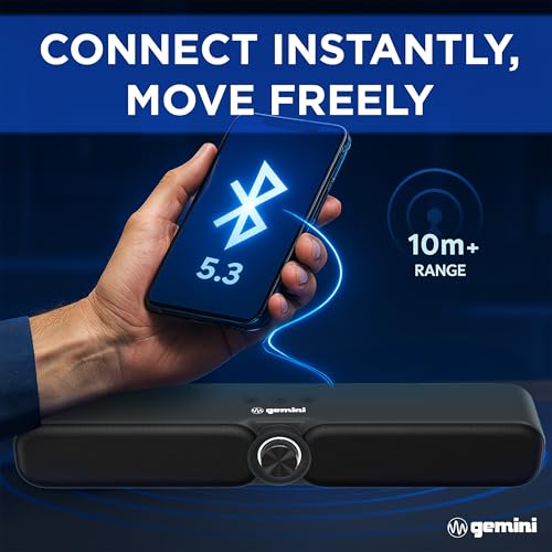 Gemini Portable Bluetooth Soundbar for TV, Desk & Gaming (GSBR-20) | 16" portable soundbar for TV, desk & gaming - USB-C or battery - dual 2" drivers - FM, 5-in-1 media