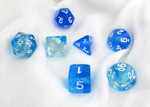 Blue DND 주사위 7개 세트 (클리어 블루-화이트) | D&D, 던전 앤 드래곤, CoC, MTG, TTRPGs 게임 액세서리용 투명 다면체 주사위 세트 - D20 시스템 게임 - color: 투명 블루 & 화이트