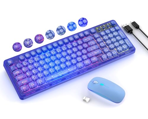 Light Up Keyboard and Mouse Wireless,Cute 2.4Ghz Cordless Rechargeable Transparent Backlit Keyboard,15 Backlight Effects,Volume Knob,RGB Mouse with 3 DPI for Mac Computer PC Laptop Desktop iPad-Blue - color: K04 blue colorful