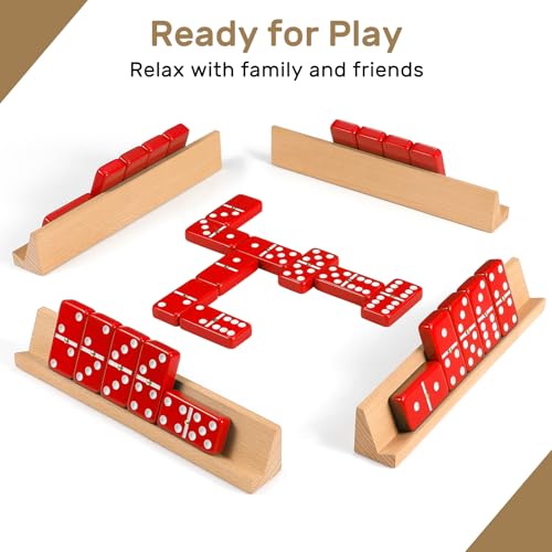 Jumbo Dominos Set for Adults with 4 Wooden Racks/Trays, Double 6 Dominoes Travel Set with Portable Case Double Six Dominoes Set with 4 Tiles Holders, 28 Tiles Dominos Set for Family Board Games - color: Red