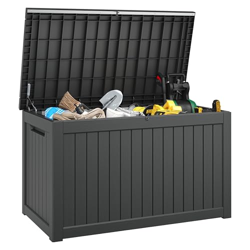 Outdoor Storage Box, Resin Deck Boxes Indoor and outdoor, Waterproof Storage Box Lockable Lid (Black,270 Gallon) - color: Striped Black, style: 270 Gallon