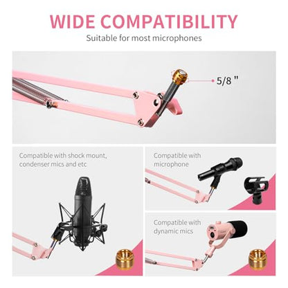 FEELWORLD AMS1 Microphone Boom Arm, Adjustable Mic Arm Stand with 3/8” to 5/8” Screw, Compatible with PM1 and other Mics for Podcast Straming Gaming Studio （Pink) - color: Pink