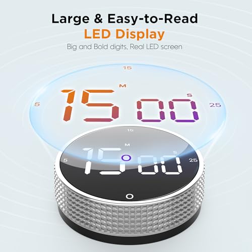 Digital Kitchen Timer - Magnetic Countdown Count Up Clock with Large LED Display, 5/15/25 Min Presets, 3 Volume Levels, Rotary Dial for Cooking, Productivity, Classroom, Fitness (1, Silver) - color: Silver