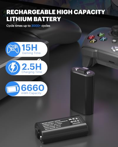 Rechargeable Battery Pack (2-Pack, 6660mWh) for Xbox Series X/S & One/S/X/Elite Controllers - Overcharge & Short-Circuit Protection, Play & Charge Simultaneously - FCC/CE Certified