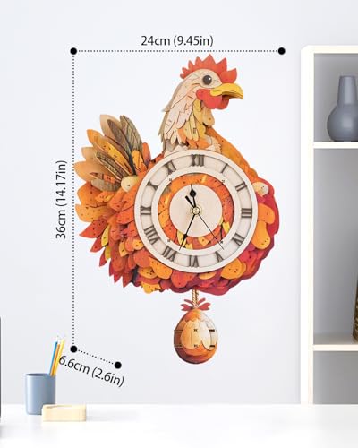 3D Wooden Puzzles for Adults, Hen Wall Clock DIY Set (with Pendulum), Beginner 29 Pcs Wooden Puzzles, Creative Gift Ideas for Adults Teens - color: Hen