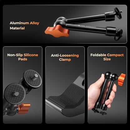 K&F CONCEPT 9.8" Magic Arm Clamp with Phone Holder | 360° Ball Heads Camera Arm Mount for Phone/LED Lights/Monitor/Flash/Microphone/DSLR Camera, MS32 - style: 9.8" with phone holder