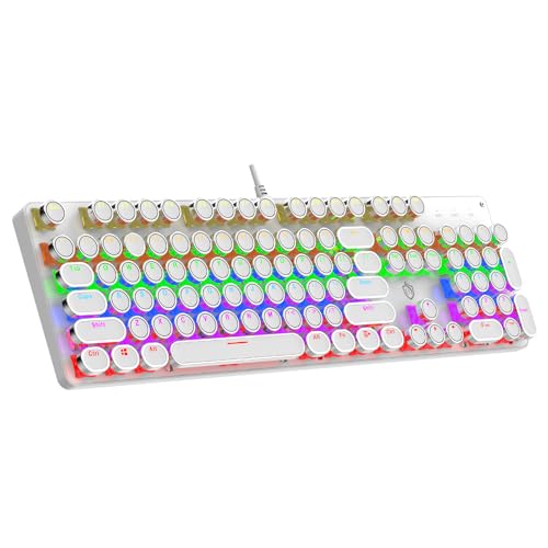 Typewriter Mechanical Gaming Keyboard with RGB Backlit Red Switches, 104 Keys Retro Round Keycap, Wired Typewriter Style Comfortable Typing Soud (L-White) - color: L-White