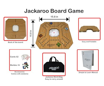 Jackaroo Board Game, 2-4 Player Marble Chase Board Game, Wooden Game with 16 Glass Marbles and 52 Cards, Marbles and Jokers Game, Marble Strategy Game, Foldable Board with Carry Bag for Adults (Oak) - color: Oak