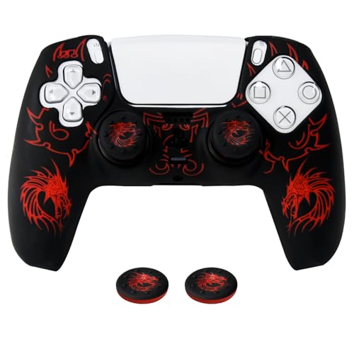 PS5 Controller Silicone Cover with Laser-Engraved Dragon Design - Non-Slip Grip Skin + 2 Dragon Thumbstick Caps | Stylish Protective Case for PlayStation 5 Controller - color: Lightning Dragon Red