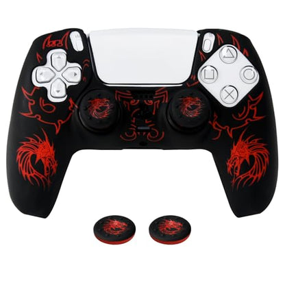 PS5 Controller Silicone Cover with Laser-Engraved Dragon Design - Non-Slip Grip Skin + 2 Dragon Thumbstick Caps | Stylish Protective Case for PlayStation 5 Controller - color: Lightning Dragon Red