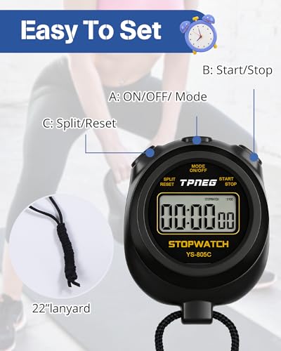 TPNEG Simple Stopwatch Timer - Easy to Use, Set Up, Read, and Carry - Large Display - On/Off, AAA Battery - Ideal for Coaches, Track and Field, Soccer Referees, Sports, Classroom - color: Black