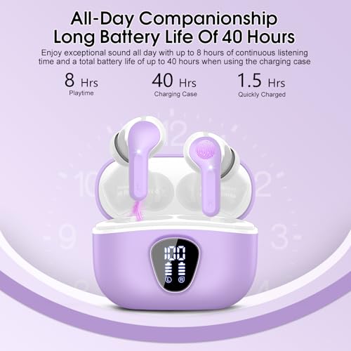 Wireless Earbuds, Bluetooth 5.4 Headphones HiFi Stereo, Bluetooth Earbuds with ENC Noise Cancelling Mic, IP7 Waterproof in Ear Earphones, 48H, LED Display Ear buds for Pad Workout Sports, Purple - color: Purple