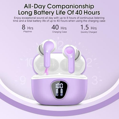 Wireless Earbuds, Bluetooth 5.4 Headphones HiFi Stereo, Bluetooth Earbuds with ENC Noise Cancelling Mic, IP7 Waterproof in Ear Earphones, 48H, LED Display Ear buds for Pad Workout Sports, Purple - color: Purple