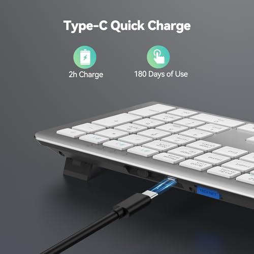 TECKNET Bluetooth Keyboard Rechargeable 4-Device (2.4G+BT) | Multi-device Free Switching, Ultra-Slim, Numeric Keypad, Quiet Full Size Wireless Keyboard for PC/Laptop/Smart TV/Phone - color: White
