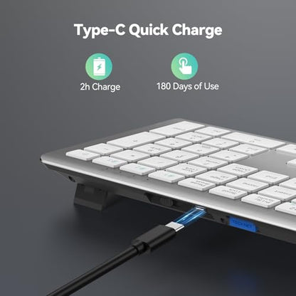 TECKNET Bluetooth Keyboard Rechargeable 4-Device (2.4G+BT) | Multi-device Free Switching, Ultra-Slim, Numeric Keypad, Quiet Full Size Wireless Keyboard for PC/Laptop/Smart TV/Phone - color: White