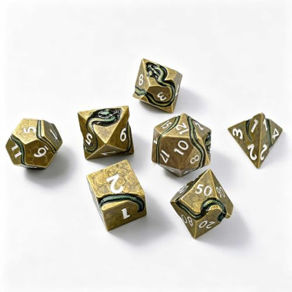 Weighted Metal DND Dice Set for Dungeons and Dragons and Pathfinder, Serpent Polyhedral RPG Dice with Engraved Numbers & Protective Gift Storage Case - color: Ancient Brass
