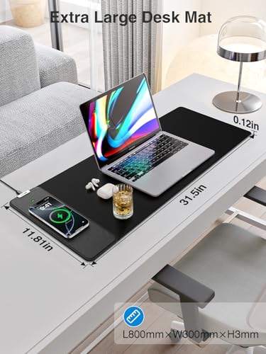 Wireless Charging Mouse Pad, 31.5"x11.8" Large Desk Mat, Smooth Glide | Waterproof Mousepad, Stitched Edge, Non-Slip Rubber Base, Desk Pad Computer Keyboard Mat, No Adapter - color: Black-31.5"x11.8"