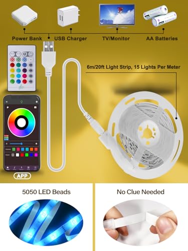 NBBUFF 20FT USB RGB Led Lights for TV 32-80 Inch with Remote & App Control | RGB TV Led Backlight Music Sync, USB Led Light Strip with Remote, App Control Led Lights for Bedroom, Gaming Accessories - size: 20 ft
