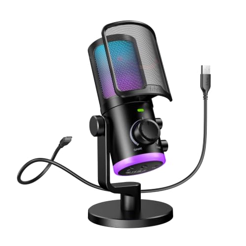 FIFINE Gaming PC Microphone, USB Streaming Microphone with Game Chat Balance, Computer Condenser Desktop RGB Mic with Mute Button, Noise Cancellation for Podcast/Twitch/Discord-AMPLIGAME AM6