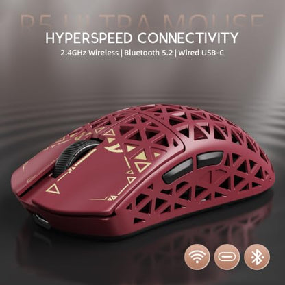 ATTACK SHARK R5Ultra 8K Carbon Fiber Wireless Gaming Mouse, Red | 42K DPI,PAW3950 MAX Sensor,39g Ultra-Lightweight,Nordic 52840 MCU Chip,Wired/BT/2.4GHz Wireless Programmable Mouse for PC/Mac - color: Red