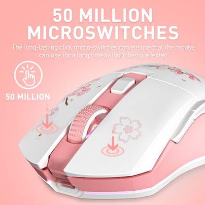 DAREU Sakura Pink Wireless Gaming Mouse with Charging Dock Rechargeable RGB,12K DPI,6 Programmable Buttons High-Precision Sensor [300IPS] [1000Hz] for PC Notebook Mac - color: Sakura Pink & Charging Dock
