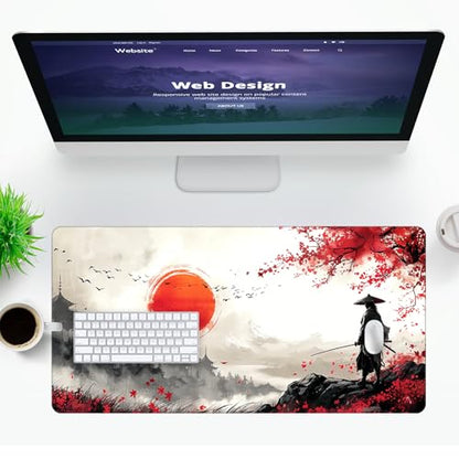 VNDL Large Japanese Gaming Mouse Pad, White and Red, Premium Non-Slip Anime Desk Pad for Office, Extended XL XXL Mouse Mat and Laptop Pad, Waterproof and Stiched Edges 31.5 x 15.7 in (sam2) - color: sam2