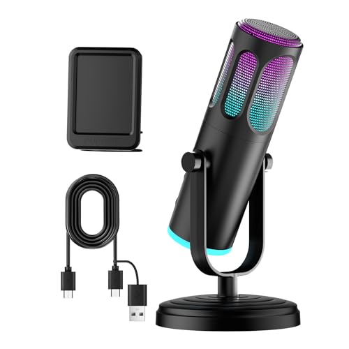PUPGSIS USB PC Microphone, Gaming Mic for Streaming, Podcast, Twitch, YouTube, Discord on Mac&Windows, Condenser Recording Microphone with Mute, Gain, Monitoring, Pop Filter, RGB Indicator-Black