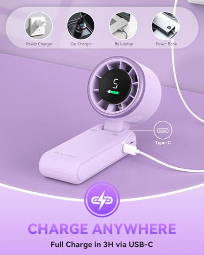 PlayHot Portable Handheld Turbo Fan, Travel Essentials, Gifts for Women/Men | 5-Speed, Up to 12H, 10m/s Airflow, USB-C Rechargeable, LED Display, 3-in-1 Foldable Personal Fan for Cruise, Beach, Vacation - color: Purple