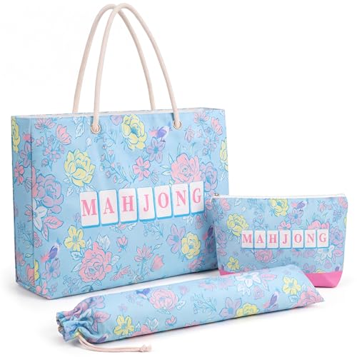 Soulchen 3 Pcs Empty Mahjong Bag Set American Mahjong Buckled and Zippered Carrying Bag with Handle, Tile case and Drawstring Protective Sleeve for Rack Game Travel Accessories Gift(Blue Floral) - style: Blue Floral