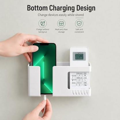 Strong Adhesive Wall Mount Phone Holder D3 Punch-Free Bedside Phone Shelf with Charging Port, Sticky Remote Control Storage Box, Bathroom & Kitchen Wall Organizer (2 Pack-White) - color: 2 Pack-W