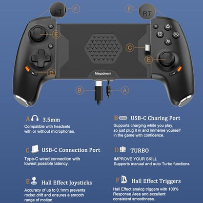 Megadream Phone Controller for iPhone 17/iPhone 16/iPhone 15/Android USB C Mobile Gaming Controller with 3.5mm Audio Jack, Remote Player Gamepad for PS5/PS4/Xbox/PC, Cloud Game, Plug and Play, Hall Joysticks/Hall Trigger, 2 Mappable Buttons - color: Black