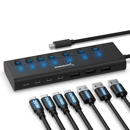 SABRENT 7-Port USB-C Hub, 48W Powered, 5Gbps, 3 USB-A + 4 USB-C (HB-3A4C) | 20W PD; LED status; aluminum body; power switches; for Mac, PC, Steam Deck, ROG Ally - size: 7-Port - 3 USB-A + 4 USB-C