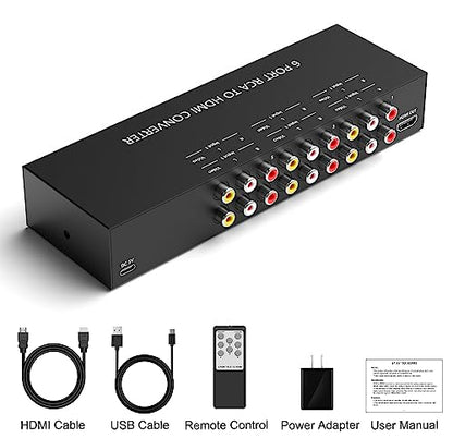 6Port AV to HDMI Converter RCA/Composite/CVBS Adapter Support 16:9/4:3 Switch for Wii/N64/PS1/PS2/PS3/VHS/VCR/DVD Players etc (6Port RCA in to 1 HDMI Converter with IR Remote) - style: 6Port AV to HDMI Converter