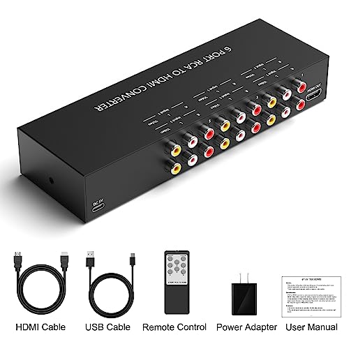 6Port AV to HDMI Converter RCA/Composite/CVBS Adapter Support 16:9/4:3 Switch for Wii/N64/PS1/PS2/PS3/VHS/VCR/DVD Players etc (6Port RCA in to 1 HDMI Converter with IR Remote) - style: 6Port AV to HDMI Converter