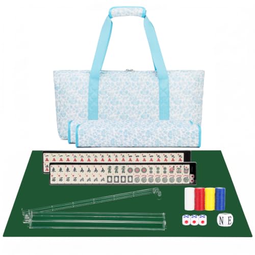 PiPiCat 2026 Complete American Mahjong Set, 166 Tiles (30mm) with 31.5x31.5in Mat One-Click Flip Reinforced 18-Inch Rack/Pushers Shockproof Bag & 6 Spare (Floral Blue) - color: Floral Blue