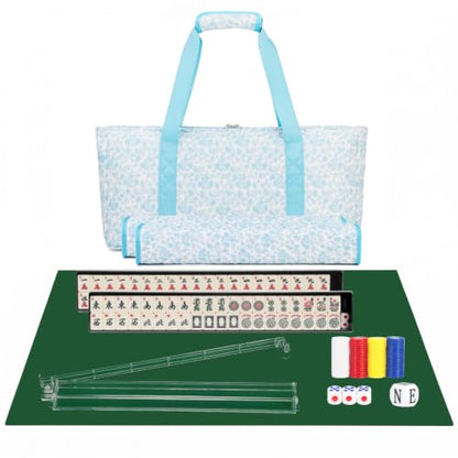 PiPiCat 2026 Complete American Mahjong Set, 166 Tiles (30mm) with 31.5x31.5in Mat One-Click Flip Reinforced 18-Inch Rack/Pushers Shockproof Bag & 6 Spare (Floral Blue) - color: Floral Blue