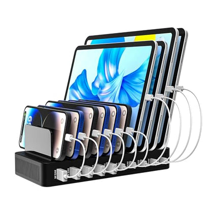 100W 10-Port Smart Charging Station | 5 USB-A & 5 USB-C Ports | Organized Design for Cellphones, Tablets, Watches & More (Black)