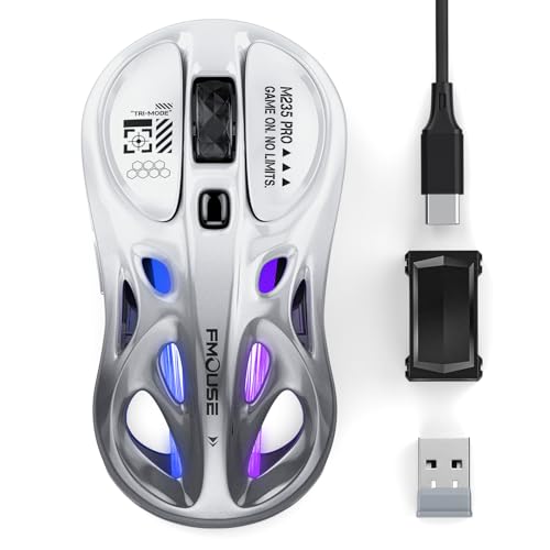 FMOUSE Wireless Mouse Tri-Mode 2.4G & Dual Bluetooth & Wired, Hollow RGB, 65g, 4800 DPI, USB-C Rechargeable, Gaming & Office, for Mac Laptop iPad PC – White & Gray - color: White and Gray Gradient